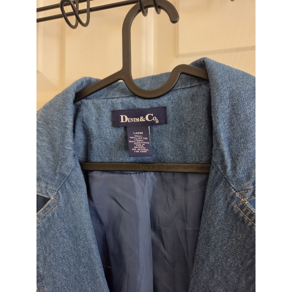 Denim & Co Blue Denim Blazer Jacket Women's Large Cotton Button Front Pockets - Picture 2 of 15